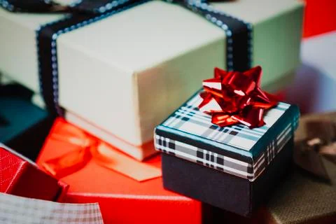 Set of gift boxes of different sizes and colors Stock Photos