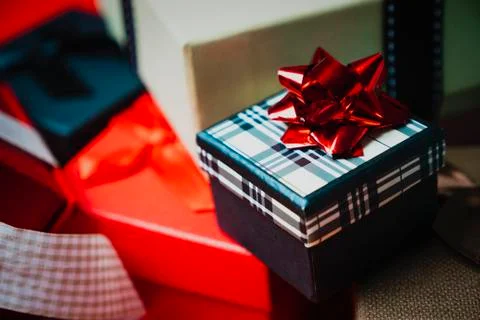 Set of gift boxes of different sizes and colors Stock Photos