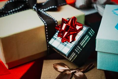 Set of gift boxes of different sizes and colors Stock Photos