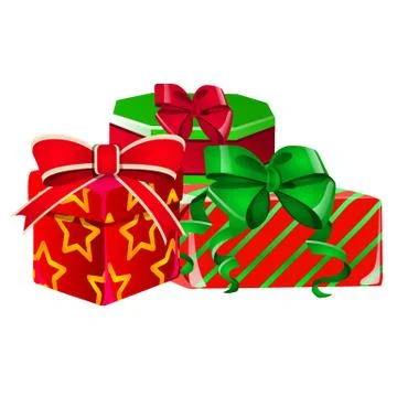 Set of gift boxes with a green and red ribbon with bowknot with wrapped paper Stock Illustration