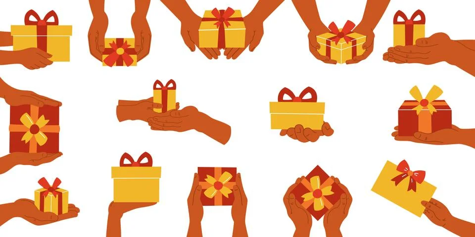 Set of gift boxes in hands on a white isolated background. Icon. Icons. Vecto Stock Illustration