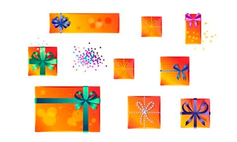 Set of gift boxes. holiday present colored wrapped box, packaging pile Stock Illustration