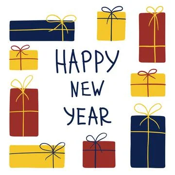 Set of gift boxes isolated on white background. New year inscription. Postcar Stock Illustration