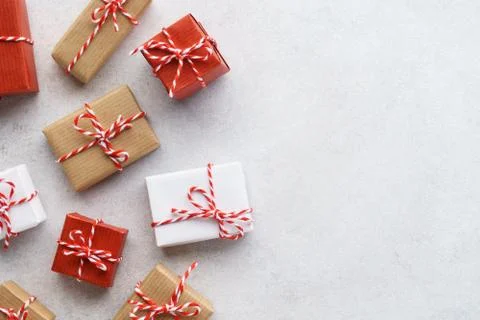 Set of gift boxes on light gray background. Christmas sale. Stock Photos