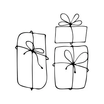Set of gift boxes line art. Present in wrapping paper with a bow tied with a  Stock Illustration