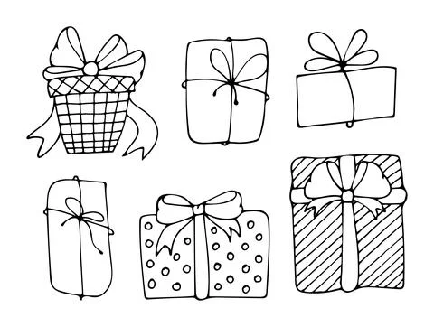 Set of gift boxes line art. Present in wrapping paper with a bow tied with a  Illustrazione stock