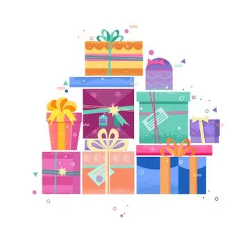 Set of gift boxes, with New Year bright decor. Templates postcards. Flat vector Stock Illustration