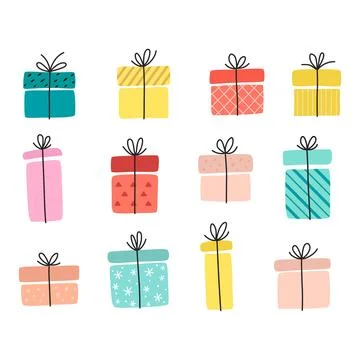 Set gift boxes, presents. Hand drawn vector illustration isolated on white. Stock Illustration