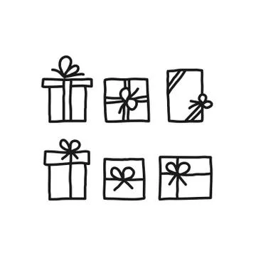 Set of Gift boxes with ribbon with the line icon. Hand drawn Vector linear st Stock Illustration