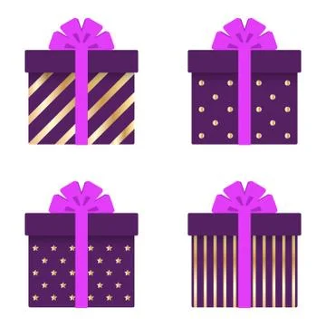Set of gift boxes with ribbons, bows, gold stripes, circles and stars . Vecto Stock Illustration