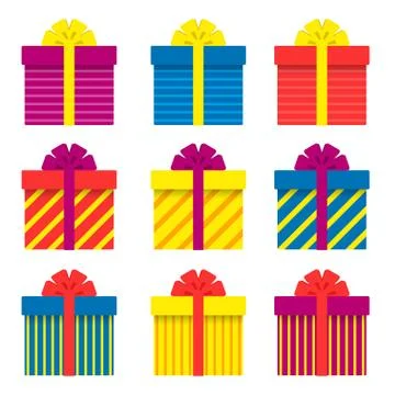 Set of gift boxes with ribbons, bows, stripes. Vector illustration. Stock Illustration
