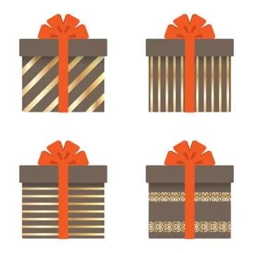 Set of gift boxes with ribbons, bows, gold stripes, circles and stars . Vecto Stock Illustration