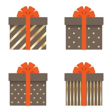 Set of gift boxes with ribbons, bows, gold stripes, circles and stars . Vecto Stock Illustration
