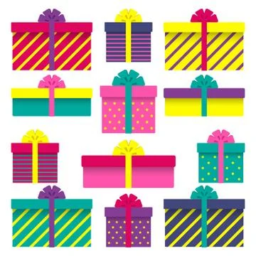 Set of gift boxes with ribbons, bows, stripes. Vector illustration. Stock Illustration