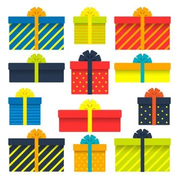 Set of gift boxes with ribbons, bows, stripes. Vector illustration. Stock Illustration