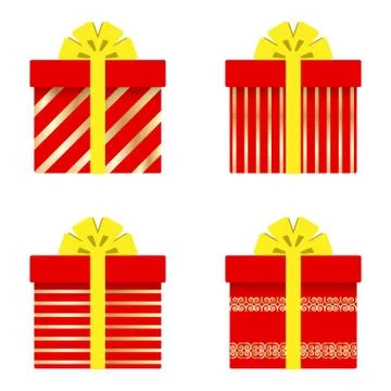 Set of gift boxes with ribbons, bows, gold stripes, circles and stars . Vecto Illustrazione stock