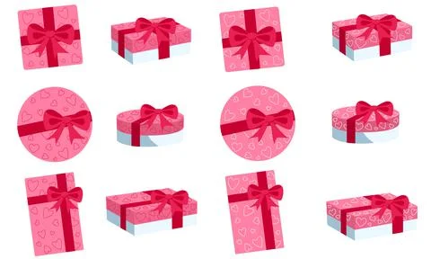 Set of gift boxes round square and rectangular with bows and a pattern of hearts Stock Illustration