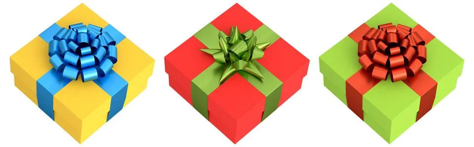 Set of gift boxes with shiny decorative bows, isolated on white background,.. Stock Illustration