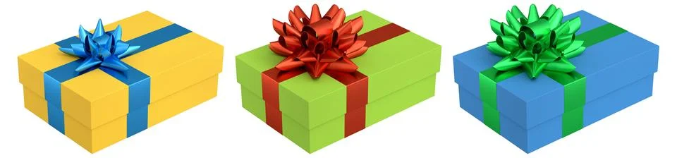 Set of gift boxes with shiny decorative bows, isolated on white background,.. Illustrazione stock