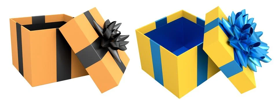 Set of gift boxes with shiny decorative bows, isolated on white background,.. Illustrazione stock