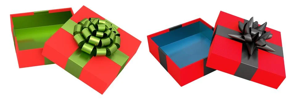 Set of gift boxes with shiny decorative bows, isolated on white background,.. Illustrazione stock