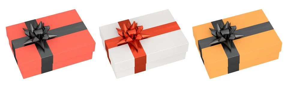 Set of gift boxes with shiny decorative bows, isolated on white background, s Stock Illustration
