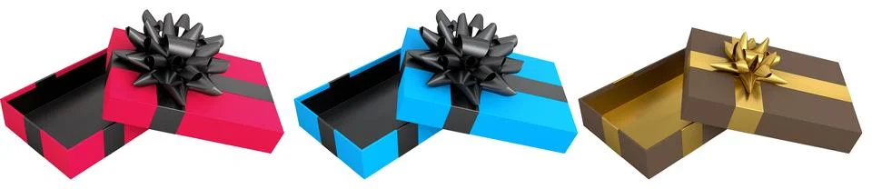 Set of gift boxes with shiny decorative bows, isolated on white background,.. Stock Illustration