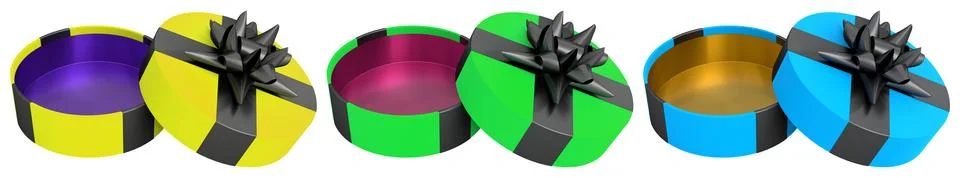 Set of gift boxes with shiny decorative bows, isolated on white background,.. Illustrazione stock