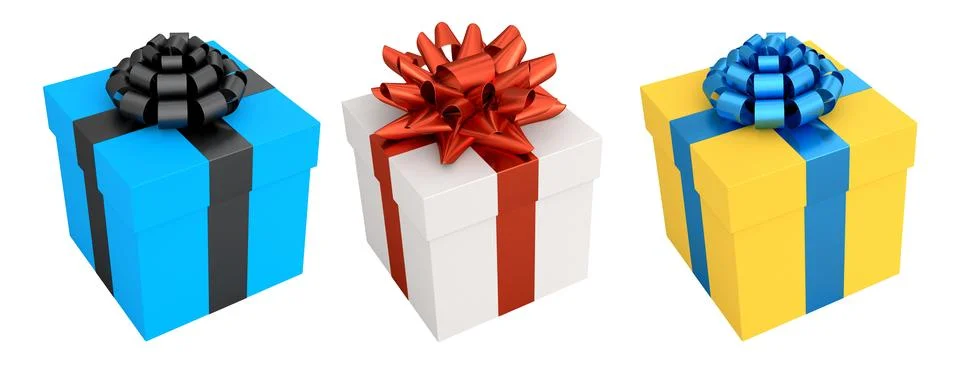 Set of gift boxes with shiny decorative bows, isolated on white background, s Stock Illustration
