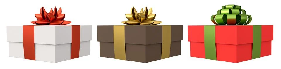 Set of gift boxes with shiny decorative bows, isolated on white background, s Illustrazione stock