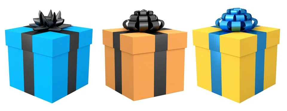 Set of gift boxes with shiny decorative bows, isolated on white background, s Illustrazione stock