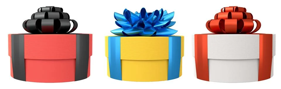 Set of gift boxes with shiny decorative bows, isolated on white background, s Illustrazione stock