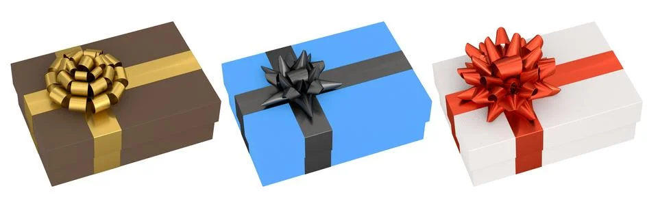 Set of gift boxes with shiny decorative bows, isolated on white background, s Illustrazione stock