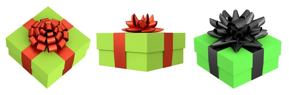 Set of gift boxes with shiny decorative bows, isolated on white background,.. Stock Illustration