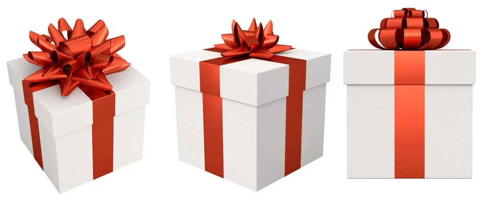 Set of gift boxes with shiny decorative bows, isolated on white background,.. Illustrazione stock