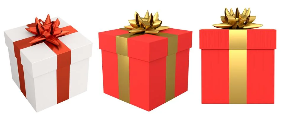 Set of gift boxes with shiny decorative bows, isolated on white background,.. Stock Illustration