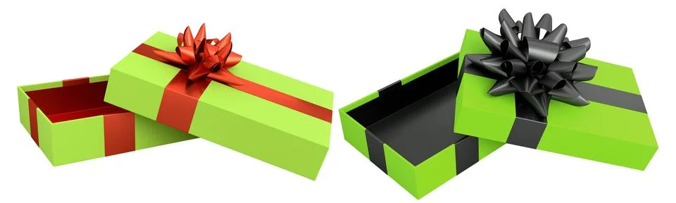 Set of gift boxes with shiny decorative bows, isolated on white background,.. Illustrazione stock