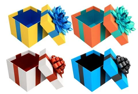 Set of gift boxes with shiny decorative bows, isolated on white background,.. Ilustración de archivo