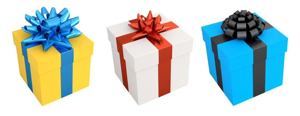 Set of gift boxes with shiny decorative bows, isolated on white background, s Stockillustratie