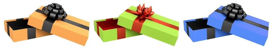 Set of gift boxes with shiny decorative bows, isolated on white background,.. Ilustración de archivo