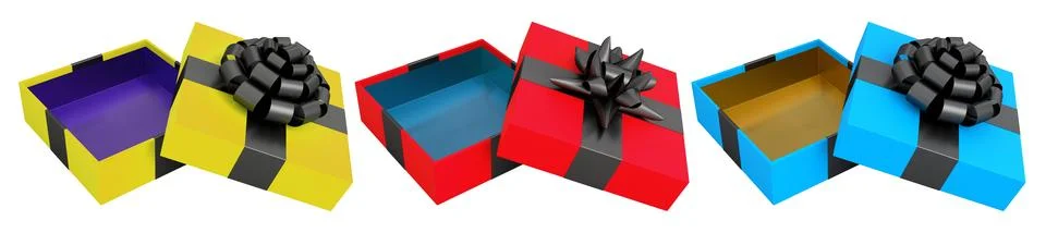 Set of gift boxes with shiny decorative bows, isolated on white background,.. Stock Illustration