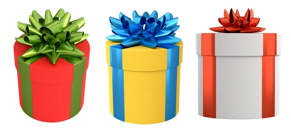 Set of gift boxes with shiny decorative bows, isolated on white background,.. Stock Illustration