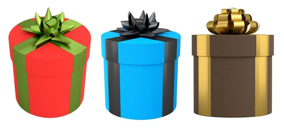 Set of gift boxes with shiny decorative bows, isolated on white background,.. Stock Illustration