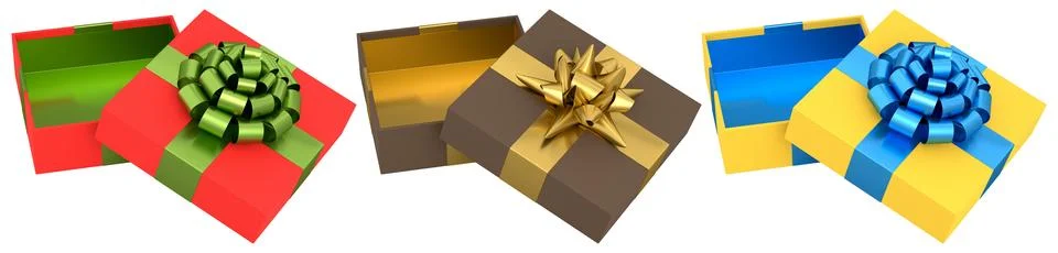 Set of gift boxes with shiny decorative bows, isolated on white background,.. Stock Illustration