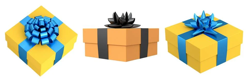 Set of gift boxes with shiny decorative bows, isolated on white background,.. Stock Illustration
