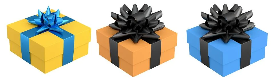 Set of gift boxes with shiny decorative bows, isolated on white background, s 스톡 일러스트