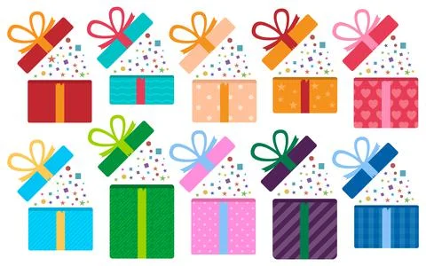 Set of gift boxes. Surprise in the box. Vector illustration. Stock Illustration