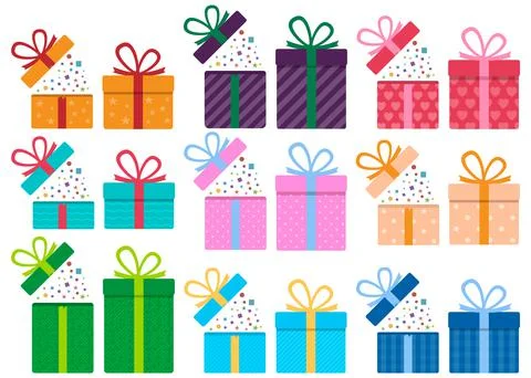 Set of gift boxes. Surprise in the box. Vector illustration. Stock Illustration