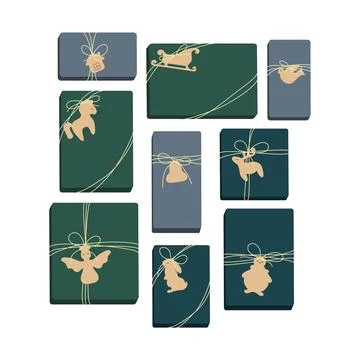 Set of gift boxes with tags. Design for greeting card, banner, poster. Vector Stock Illustration