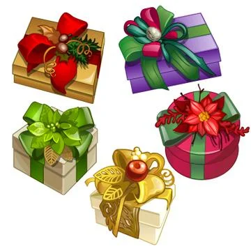 Set of gift boxes tied with ribbons with a designer bowknot and decorations Stock Illustration